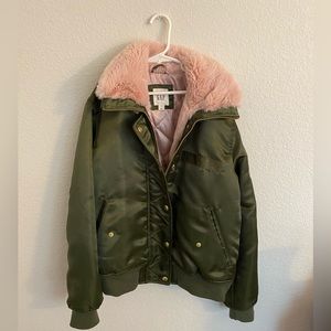 GAP Green Bomber Jacket with Pink Fur Collar